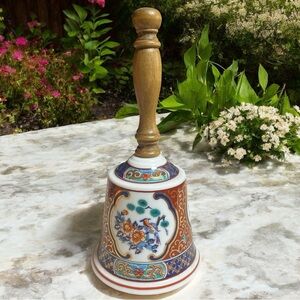 Vintage Decorative Japanese Print Wooden Handle  Ceramic Dinner Bell